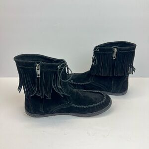 UGG AUSTRALIA Boots Womens Size 9 Kaysa Black Suede Moccasin Fringe zip